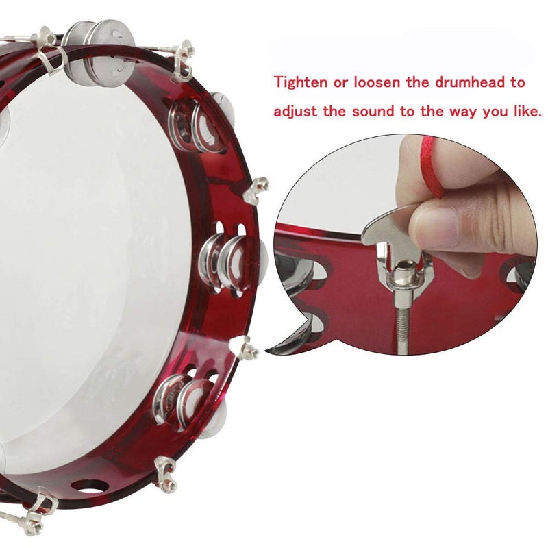 ENNBOM Tambourine Adjustable Tone Hand Drum Double Row Metal Jingles Hand Bell Performance Level Handheld Percussion (Red) - Image 3
